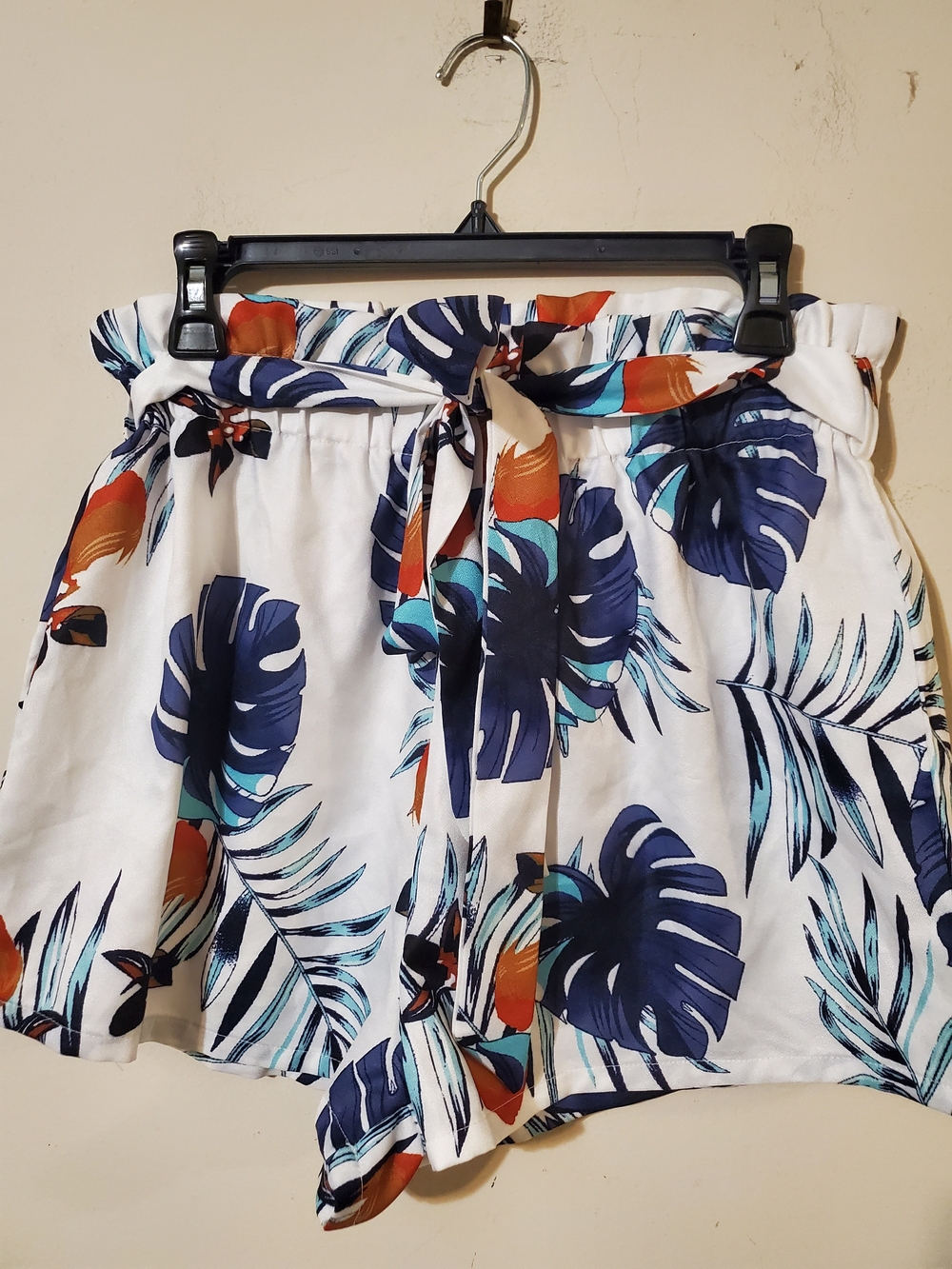 White High Waist Tropical Tie Belt Shorts with Navy & Teal Leaves Resort
